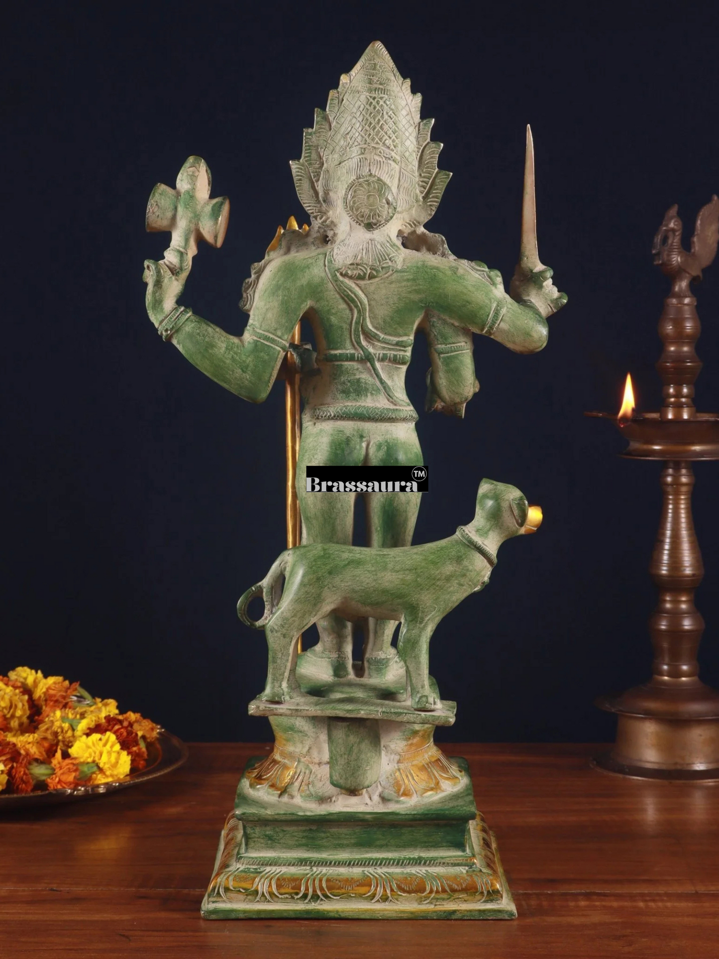 Brassaura™ Superfine Brass Kala Bhairava Statue with Vahana Dog – Height 17.5 inches | Weight 9 kgs