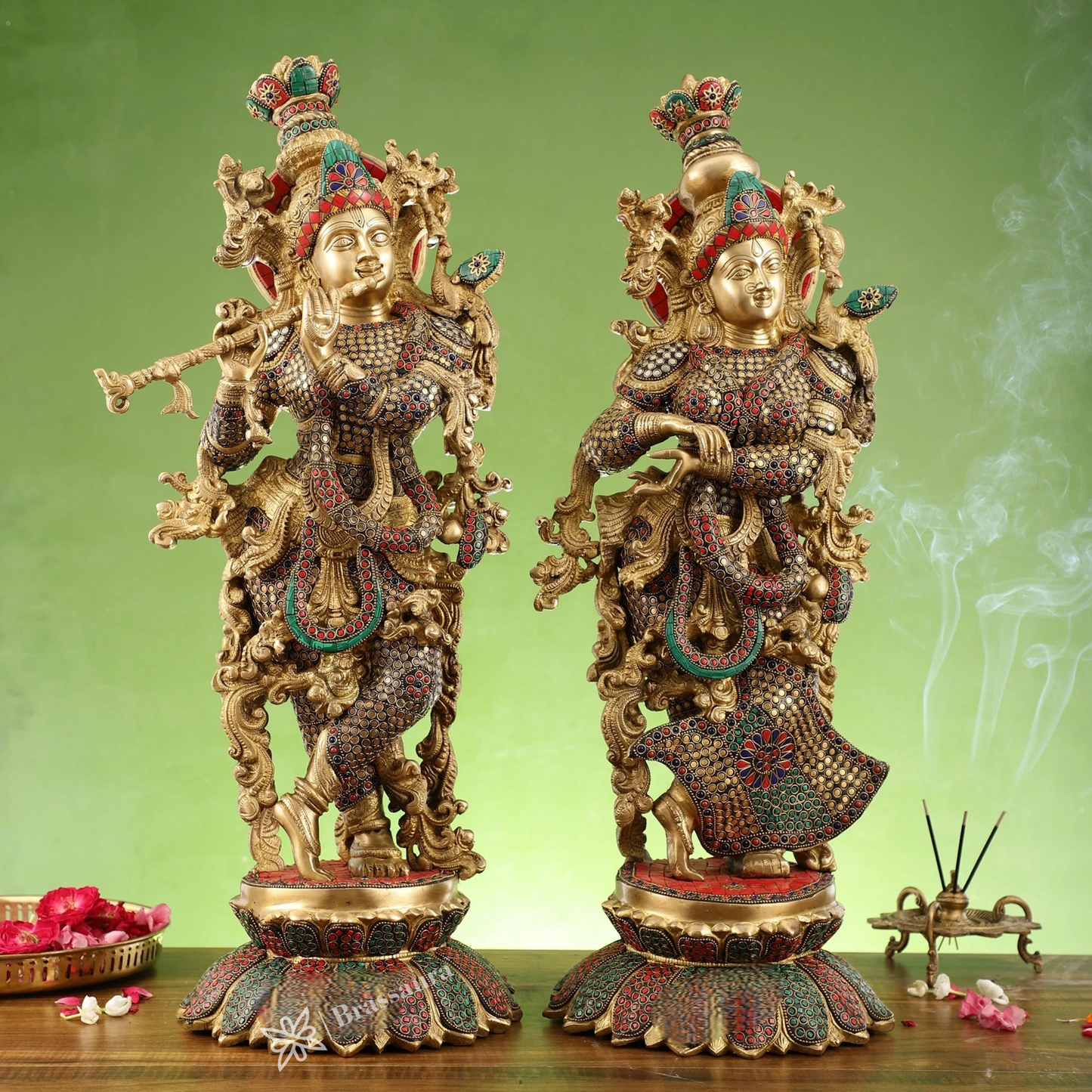 Brassaura™ Handcrafted Radha Krishna Brass Idols – 26 Inch Height, 40 Kg | South Indian Style with Lotus Base