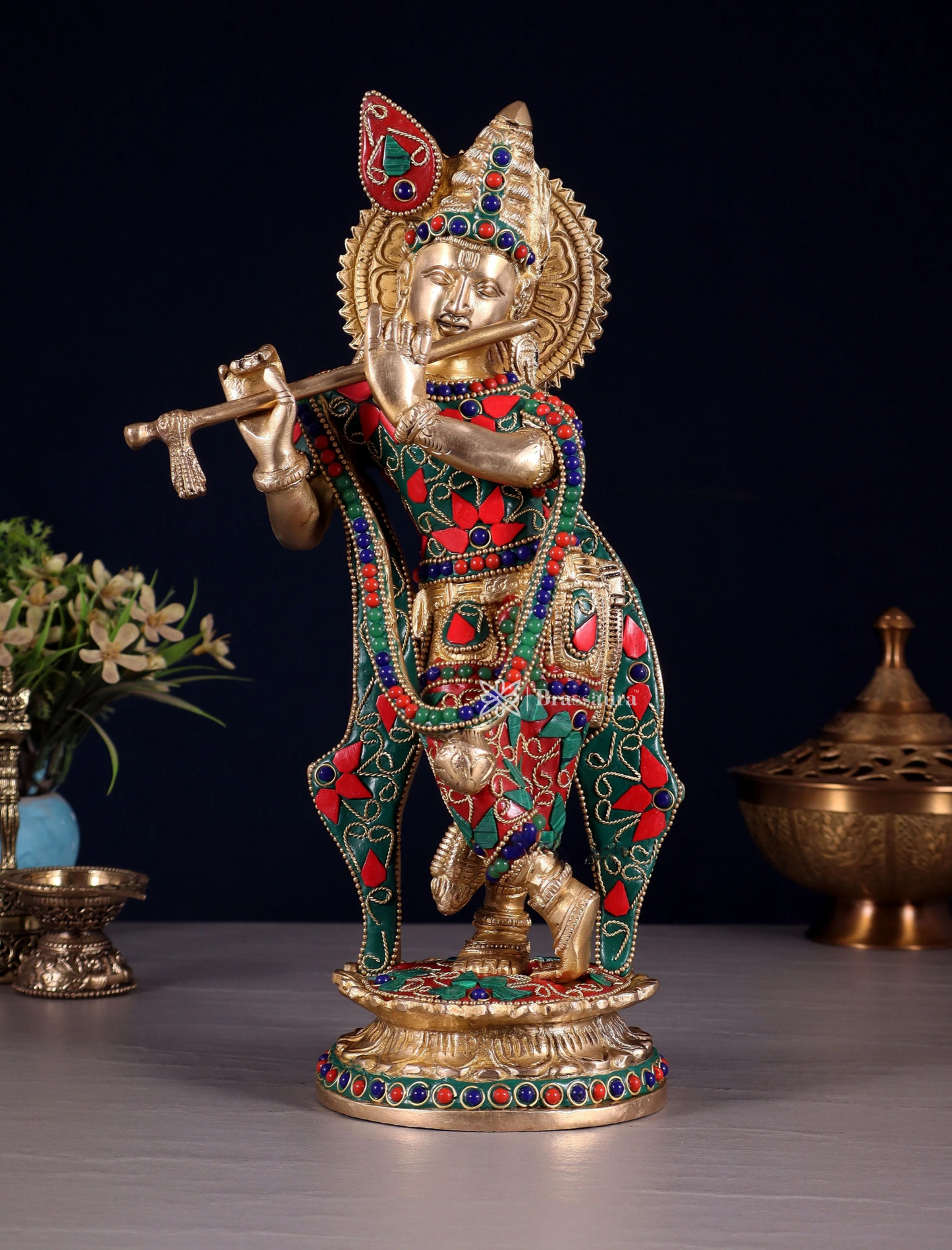 Brassaura™ Pure Brass Lord Krishna Idol with Floral Stonework – Height 11 Inches & Weight 2.75 Kgs