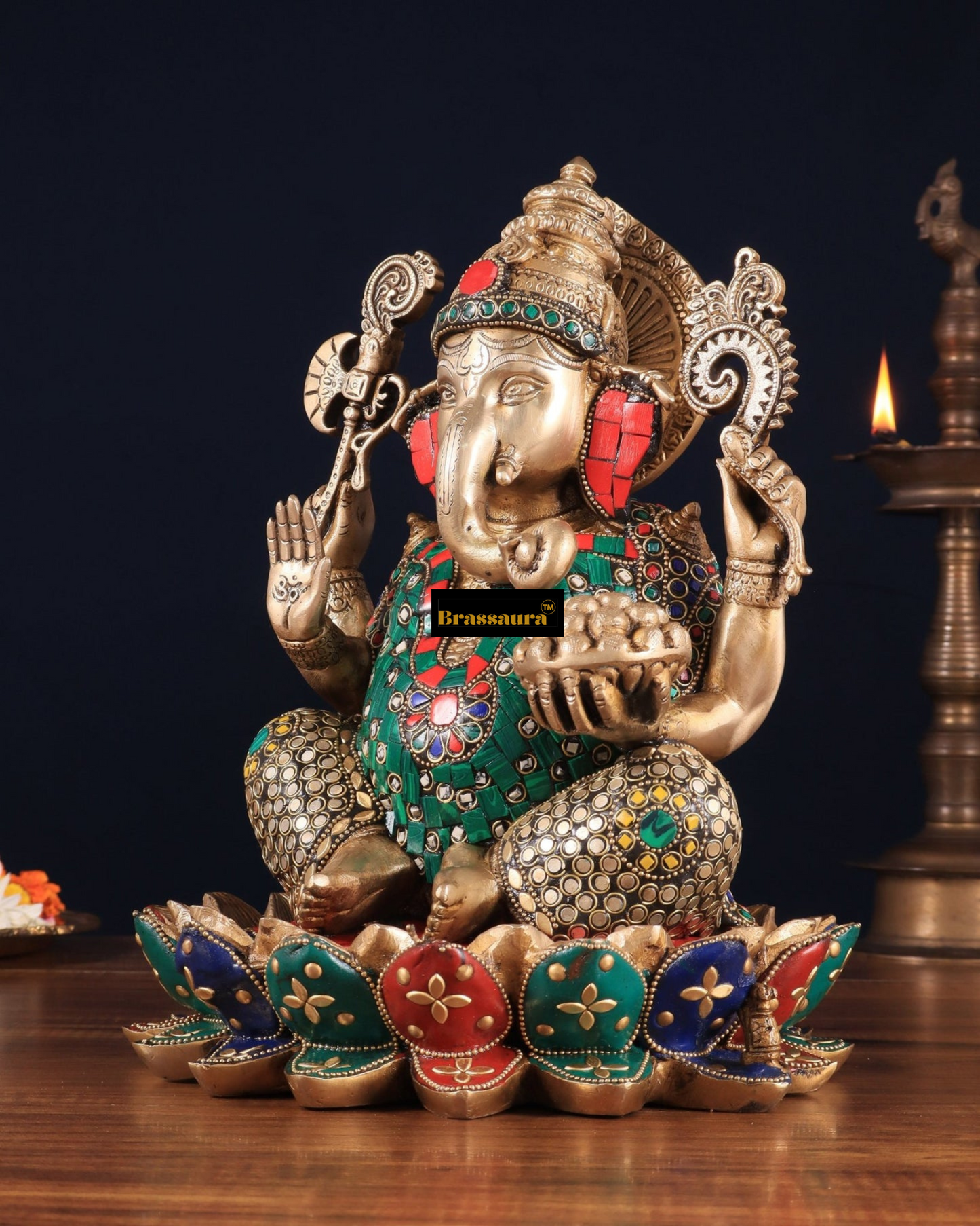 Brassaura™ Pure Brass Lotus Seated Ganesha Idol – 11 Inch Height | 8.5 kg | Intricate Stonework & Brass Rings | Spiritual Home Décor