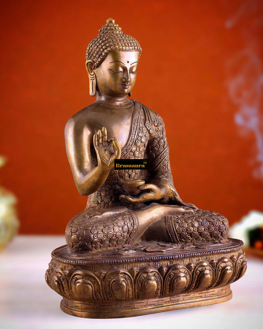 Brassaura™ Pure Brass Antique Buddha Blessing Statue – Height 13.5 Inches, Weight 6.8 Kgs