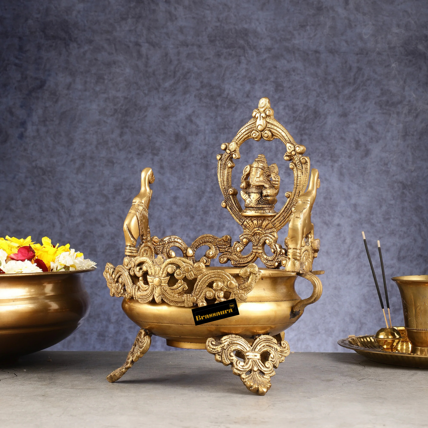 Brassaura™ Handcrafted Brass Ganapati Urli Bowl with Elephants – Height 12 Inches, Weight 3.5 Kgs