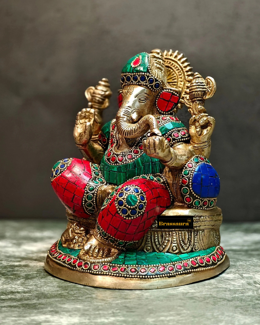 Brassaura™ Pure Brass Lord Ganesha Statue with Meenakari – Height 8 Inches & Weight 3.5 Kgs