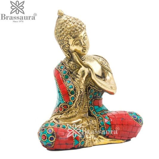 Brassaura® Buddha Sitting in Meditation Pose with Turquoise & Red Inlay and Antique Gold Finish | Pure Superfine Brass Handcrafted Murti | Brass Statue for Home Temple, Pooja Room | Height 6 Inches | Weight 1.2 Kgs