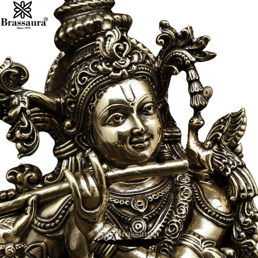 पीतल की बेहतरीन मुरली धारी कृष्ण मूर्ति, वज़न 1.1 किलोग्राम और ऊँचाई 11 इंच