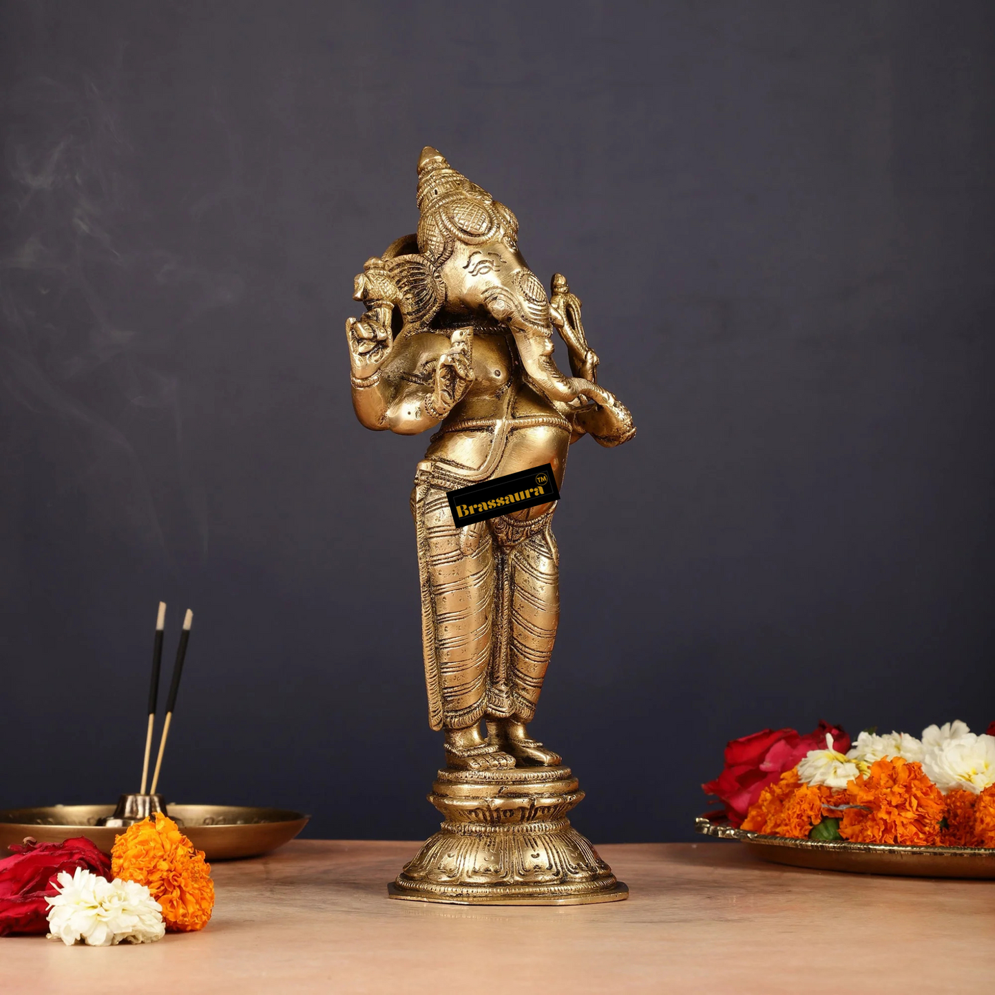 Brassaura™ Brass Standing Ganesha Idol – Height 10 Inches, Weight 2.58 Kgs | Wisdom & Prosperity Statue