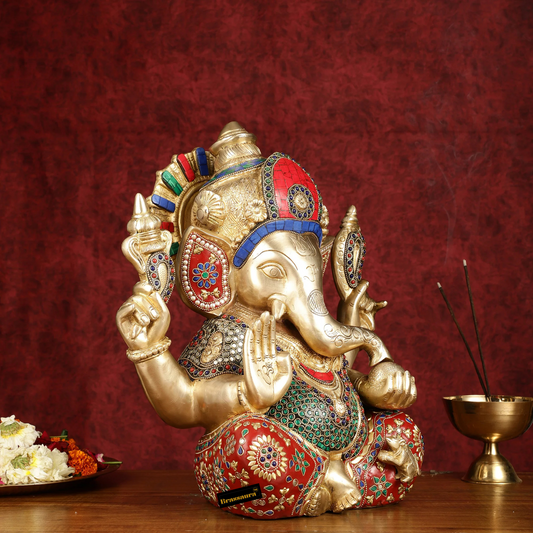 Brassaura™ Large Pure Brass Ganapati Statue – Height 15 Inches, Weight 14.5 Kgs | Multicolor Stonework