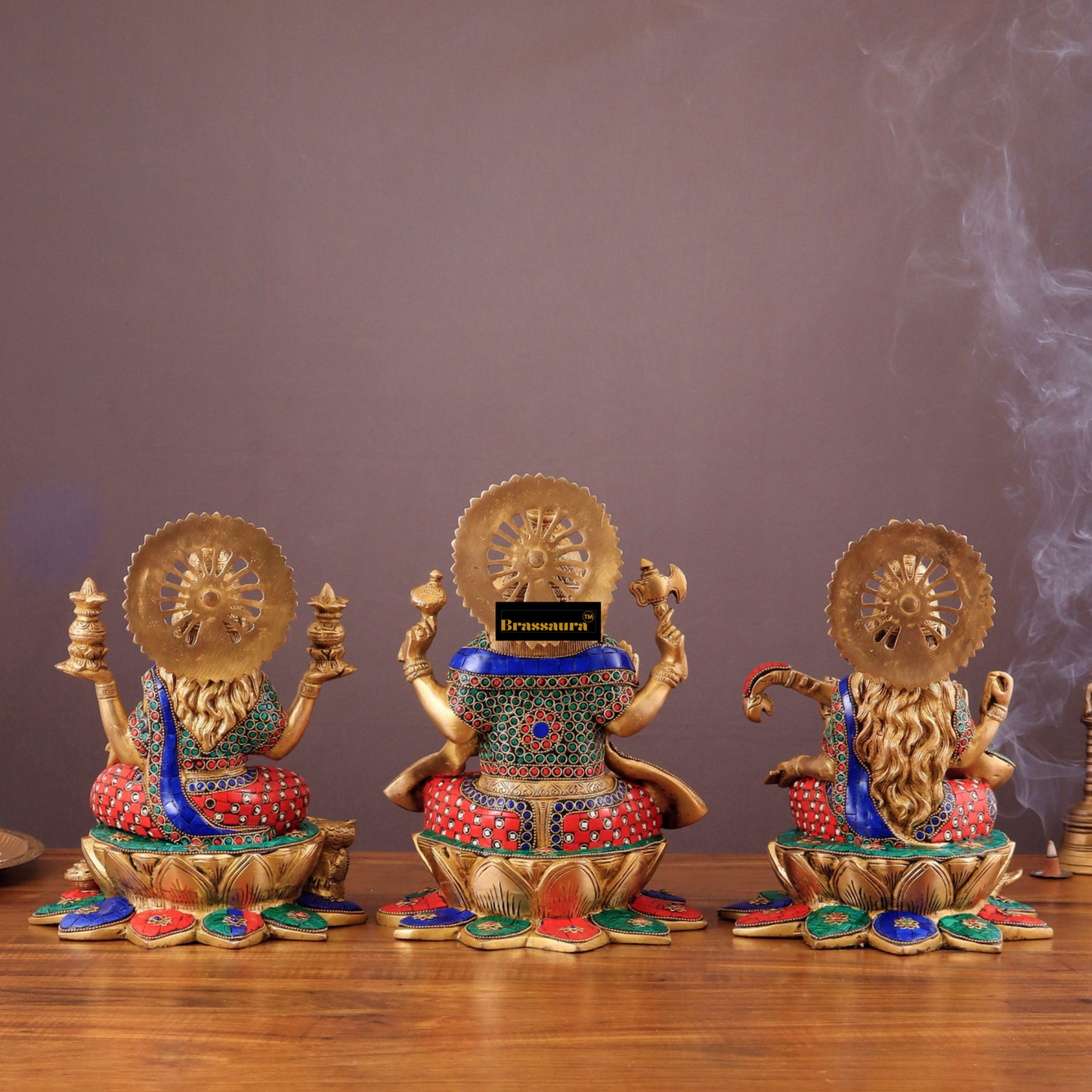 Brassaura™ Brass Gemstone Work Ganesha, Lakshmi & Saraswati Idol Set – 12 Inch Height | 19 kg | Multi-Coloured | Spiritual Home & Diwali Décor Gift