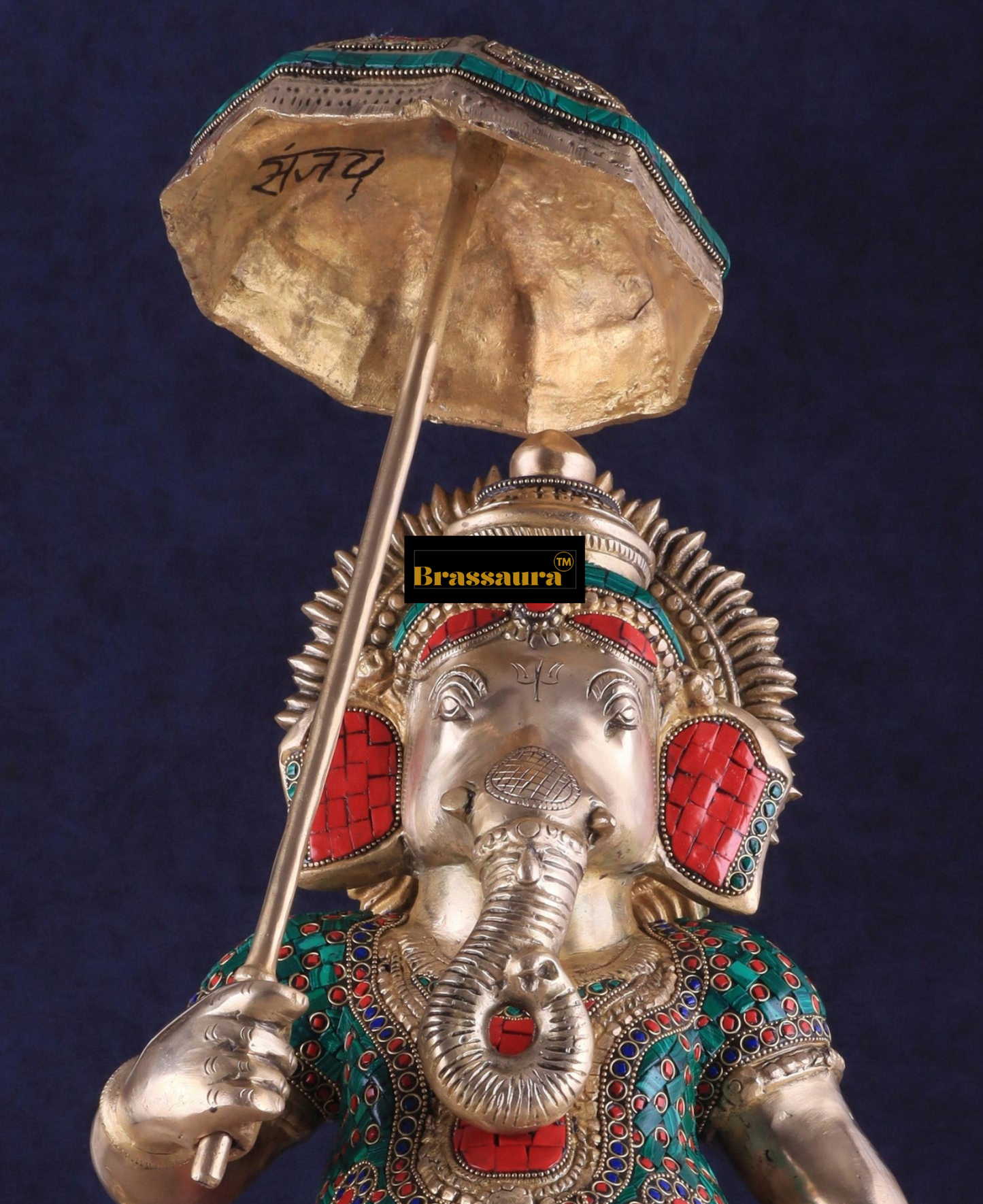 Brassaura™ Brass Lord Ganesha Holding Umbrella – 24" Height, 14 kg – Meenakari Stonework Masterpiece