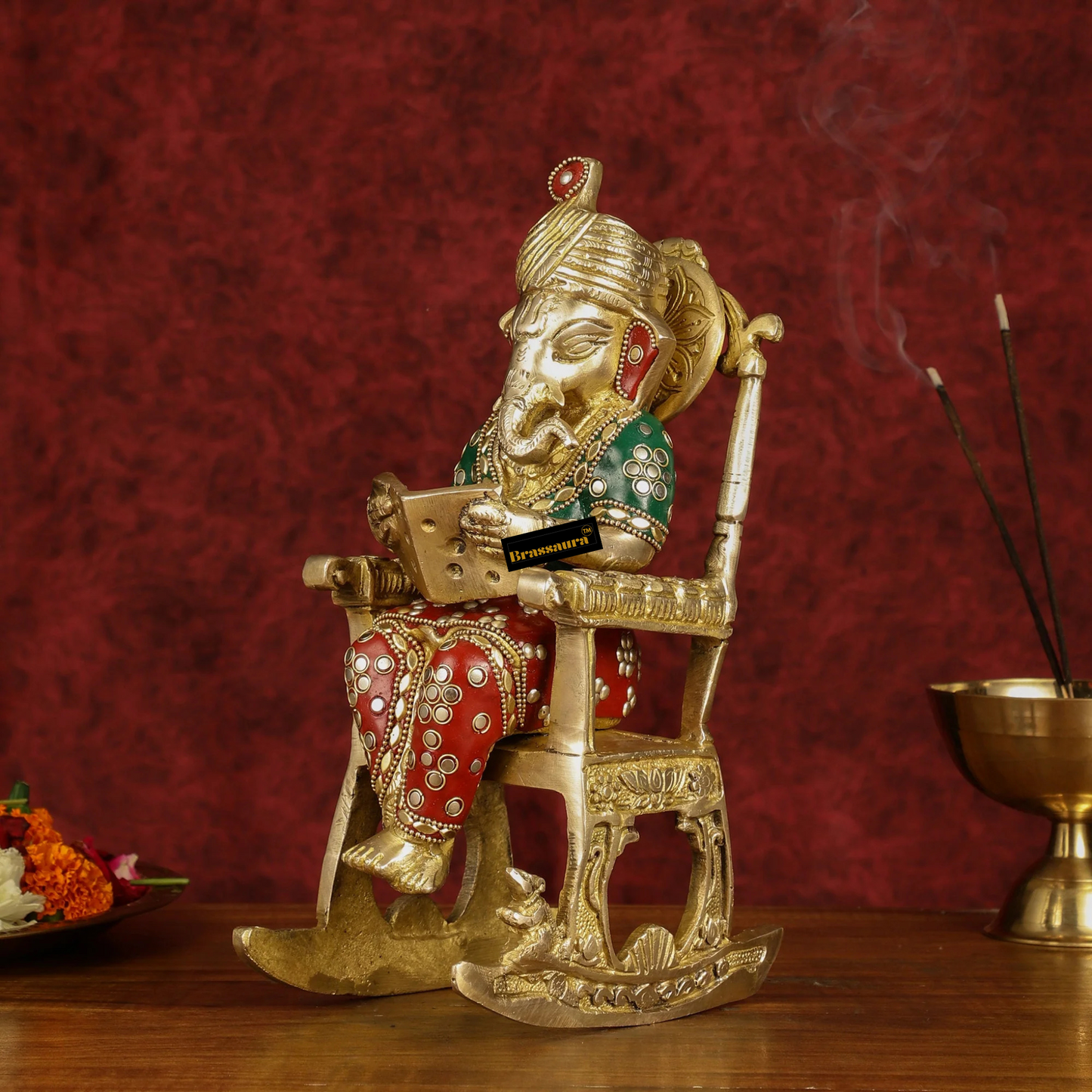 Brassaura™ Pure Brass Reading Ganesha on Rocking Chair – Height 11 Inches, Weight 3.5 Kgs | Meenakari Art