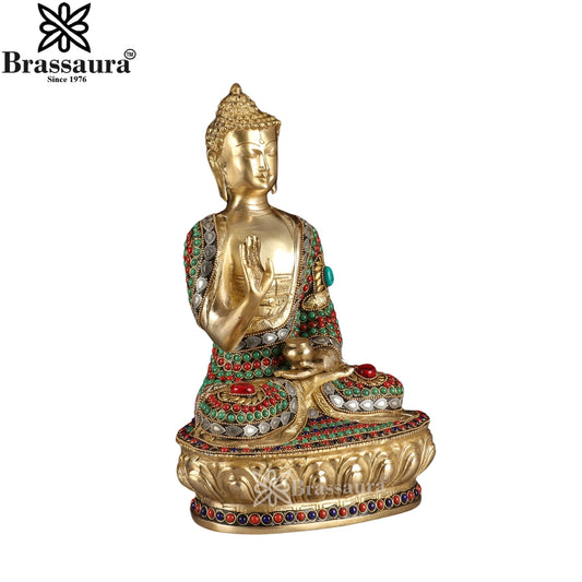 Brass Blessing Gem Stone Work Multicolored Buddha Weight 5.1 kg & Height 12 Inch