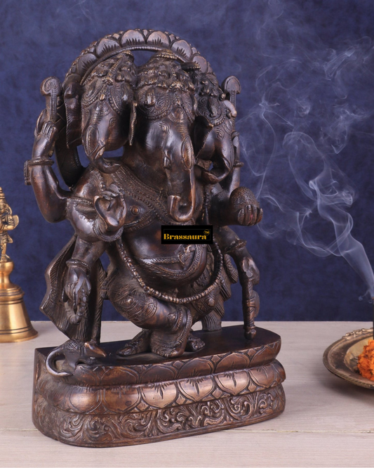 ब्रासुर® विंटेज ब्रास त्रिमुख गणपति प्रतिमा – 12 इंच ऊँची | तीन मुखी गणेश | ज्ञान और समृद्धि का प्रतीक