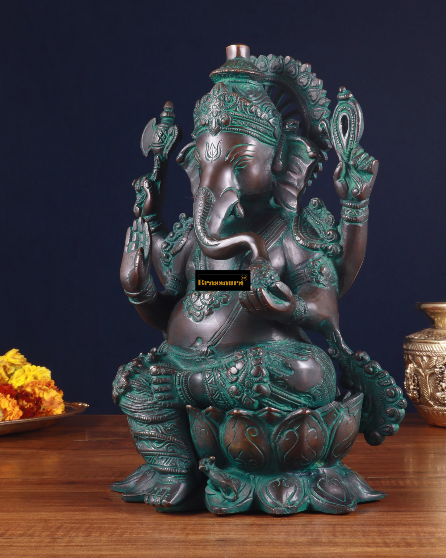 Brassaura™ Handcrafted Pure Brass Ganesha Idol with Bronze & Mud Green Patina – 12.25" Height, 8 kg – Lotus Base Divine Décor