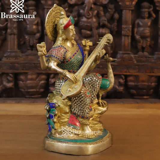 Brassaura™ Sacred Brass Gem Stone Work Saraswati Murti – Height 15.5 Inches & Weight 10.34 Kgs | Temple Décor Accent