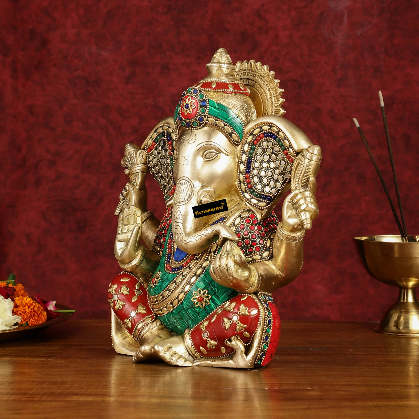 Brassaura™ Brass Lord Ganesha Statue – Meenakari Stonework | Height 10 Inches, Weight 5.15 Kgs