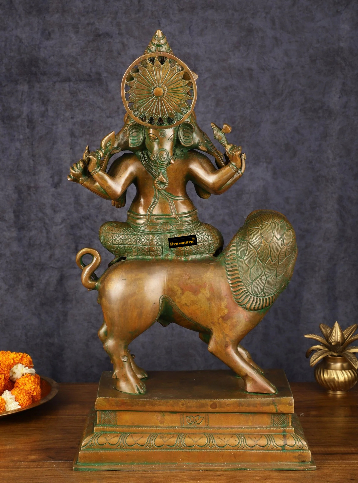 Brassaura™ Heramba Ganapati Brass & Copper Idol – 22.5 Inch Height | 25 kg | Antique Bronze Patina | Five-Headed Ganesha with Lion Vahana