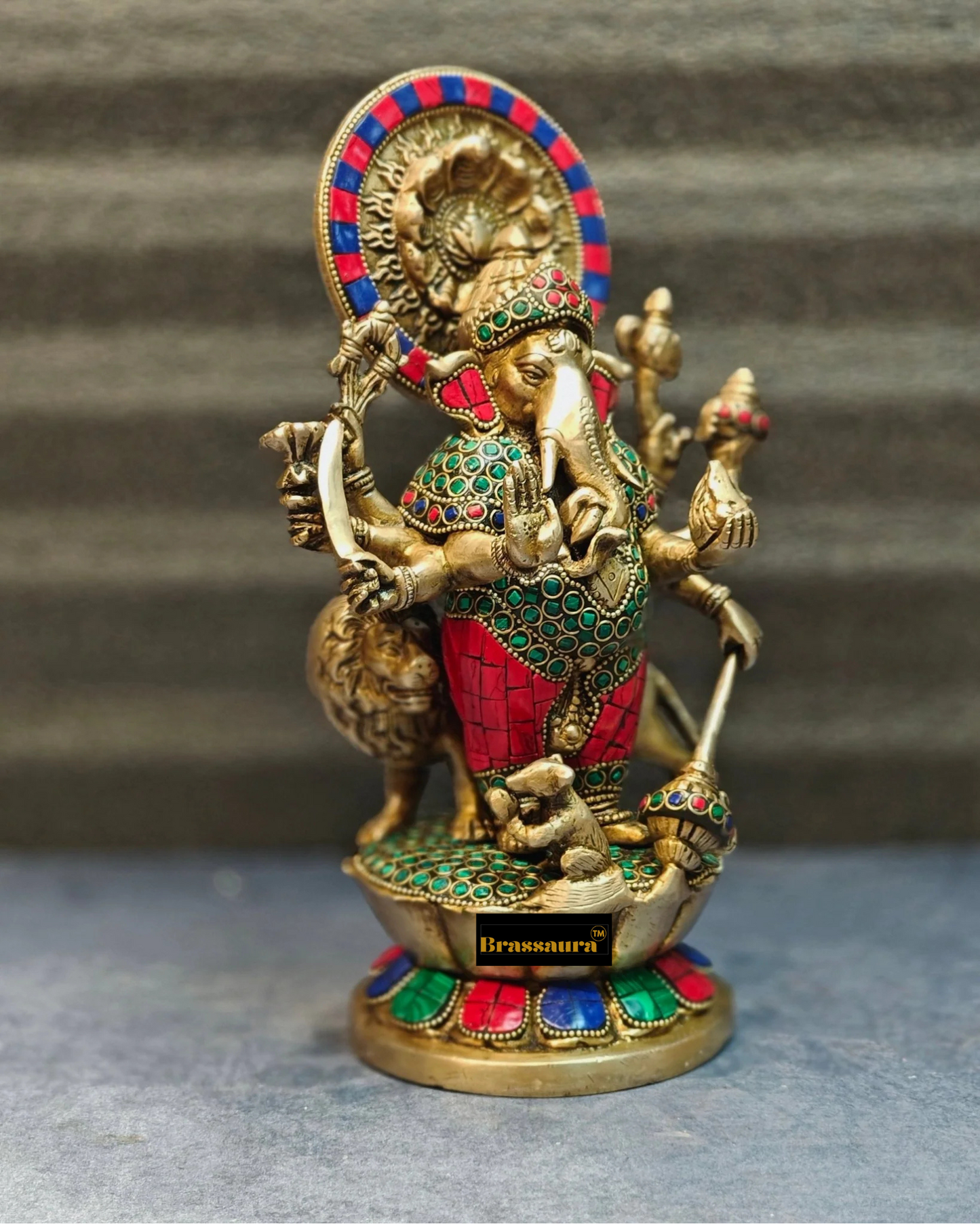 Brassaura™ Ashirwad Kanadrishti Vinayaka Brass Idol with Meenakari Stonework – Height 12 Inches & Weight 4.5 Kgs