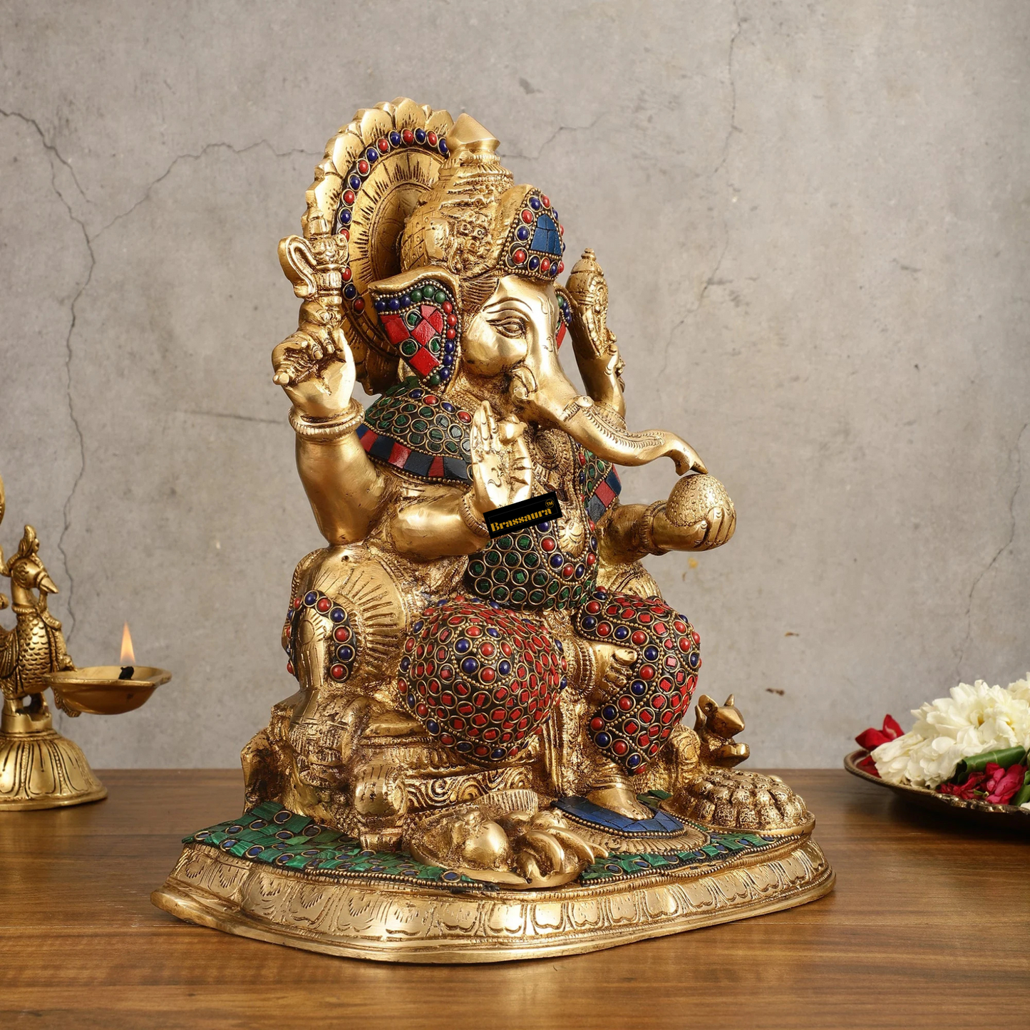 Brassaura™ Superfine Brass Ganesha Idol with Fruit Bowl & Modak Thali | 13" Height | 12 Kg | Intricate Stonework