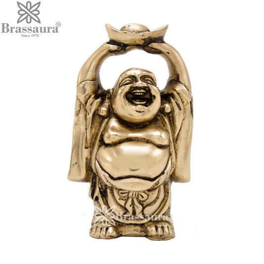 Brassaura® Laughing Buddha Standing Idol with Antique Gold Finish and Intricate Traditional Detailing | Pure Superfine Brass Handcrafted Murti | Brass Statue for Home Temple, Pooja Room | Height 3.5 Inches | Weight 0.4 Kgs