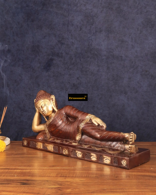 Brassaura® Reclining Sleeping Buddha in Nirvana Pose with Dual-Tone Brown & Gold Finish | Pure Superfine Brass Handcrafted Murti | Brass Statue for Home Temple, Pooja Room | Height 9 Inches | Weight 8.82 Kgs