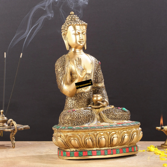 Brassaura™ Brass Buddha Statue with Stonework – Height 12 Inches & Weight 5.5 Kgs