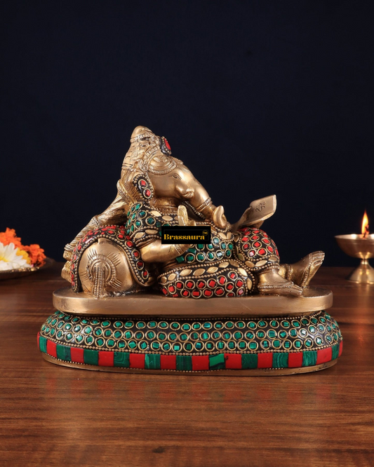 Brassaura™ Handcrafted Brass Ganapathi on Peacock Throne – 7.5" Height, 4.5 kg – Adorned with Multicolored Stones