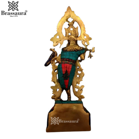 Brassaura® Lord Krishna Playing Flute Idol with Multicolor Stone Work Finish | Pure Superfine Brass Handcrafted Murti | Brass Statue for Home Temple, Pooja Room | Height 15 Inches | Weight 2.7 Kgs
