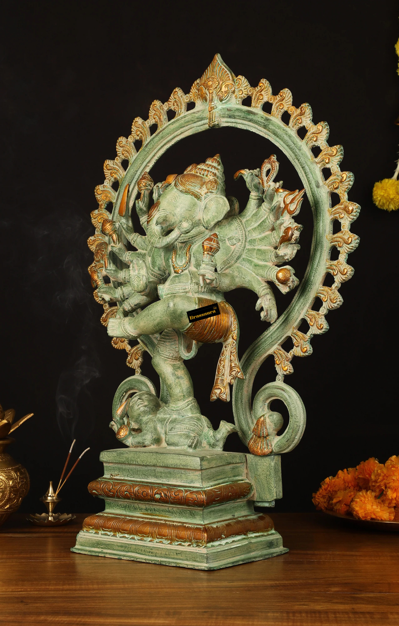 Brassaura™ Pure Brass Dancing Ganesha Statue – 25.5 Inch Height | 24 kg | 16 Arms & Fire Ring | Antique Green Patina Sandstone Finish