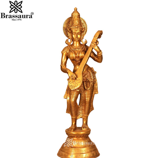 Brass Standing Saraswati Statue Weight 12.6 Kg And Height 29 Inch