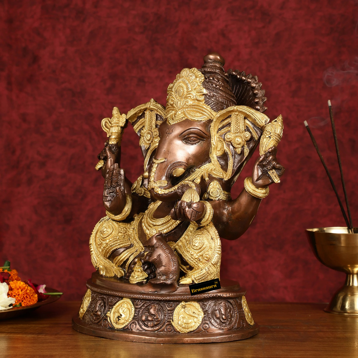 Brassaura™ Pure Brass Lord Ganesha Statue – South Copper Gold Finish | Height 11 Inches, Weight 7.8 Kgs