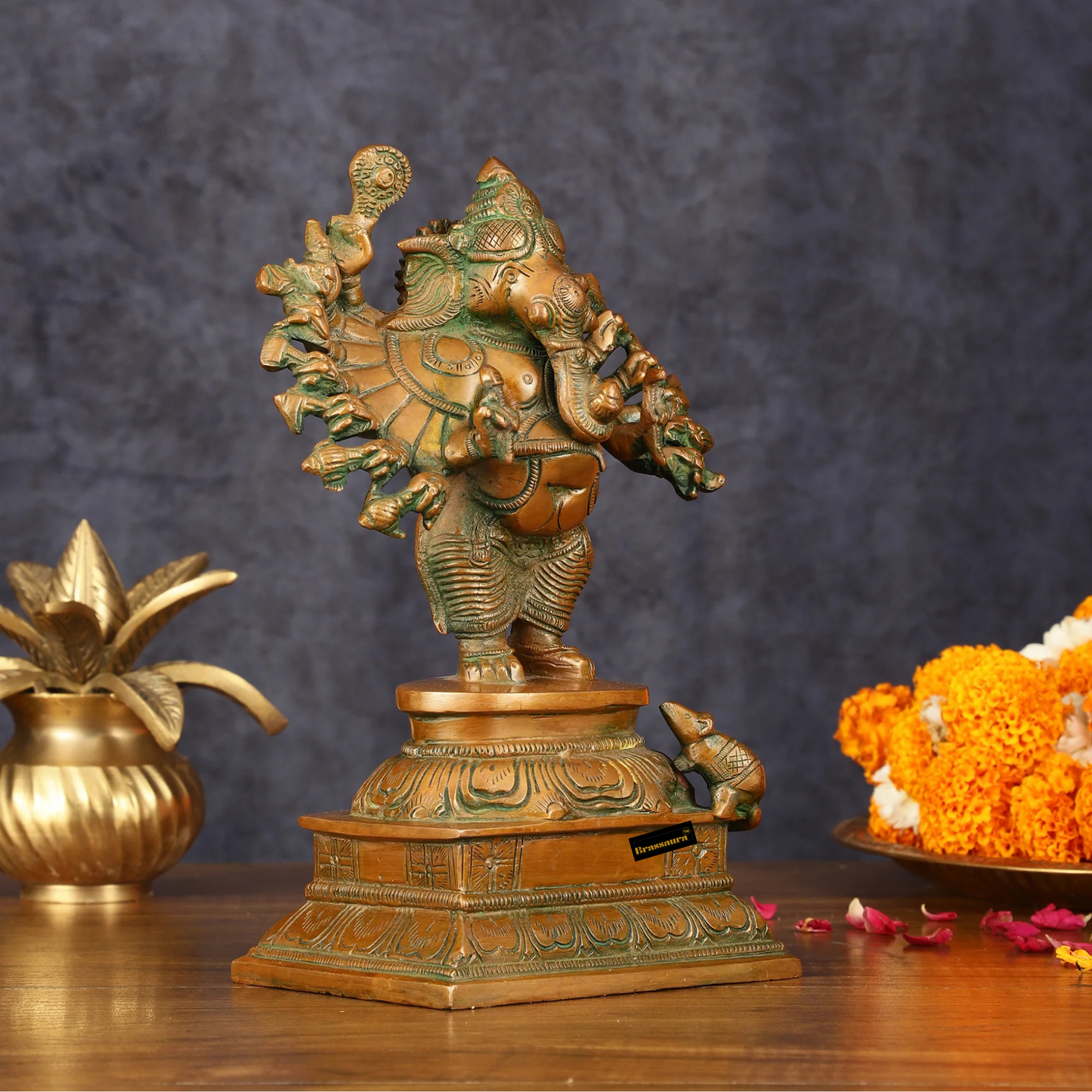 Brassaura™ Elegant Brass Dancing Ganapati Statue – 8 Inch Height | 2 kg | Vintage Bronze Finish | Artistic & Spiritual Décor