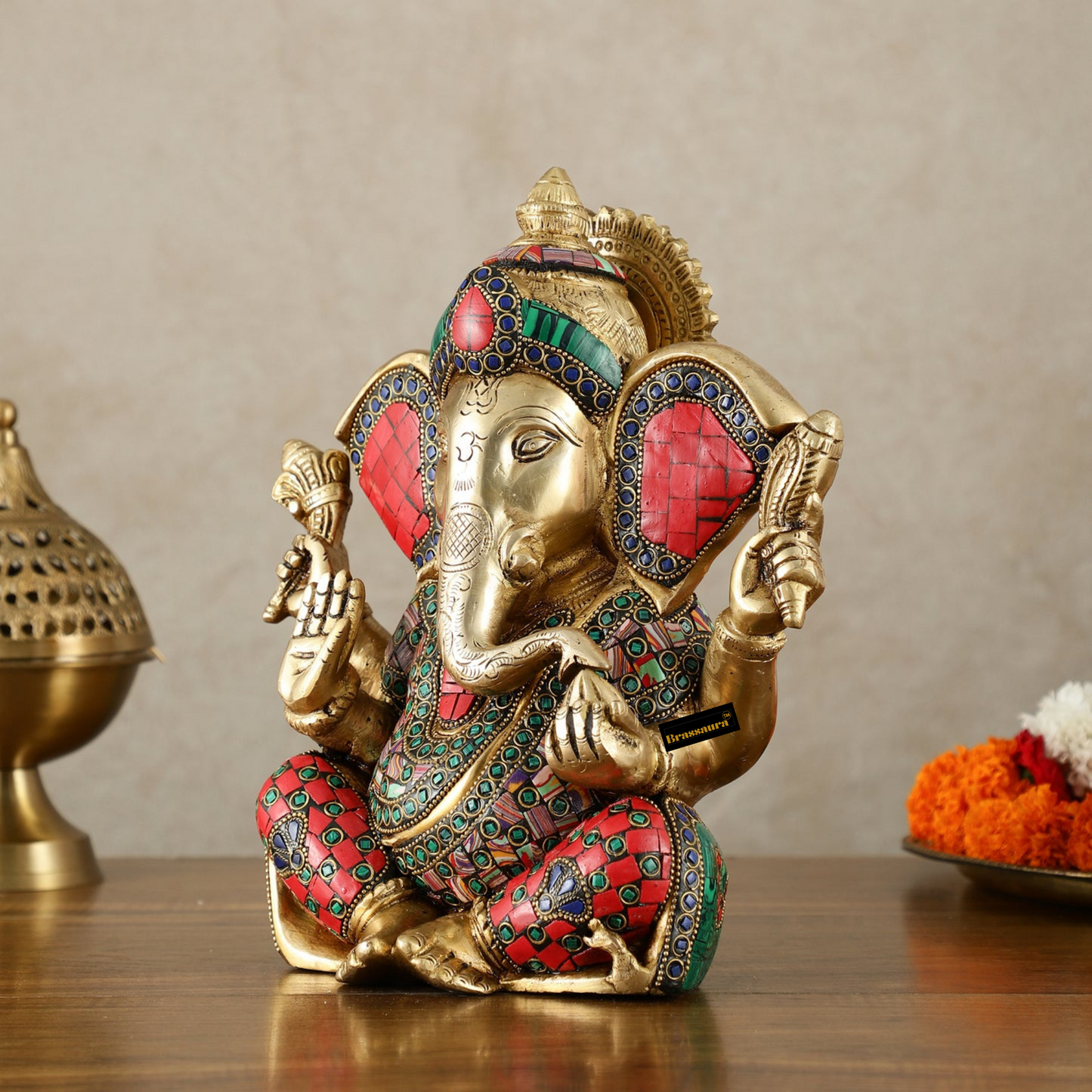 Brassaura™ Brass Lord Ganesha Statue with Meenakari & Big Ears – 10" Height, 5.15 kg – Auspicious & Intricate