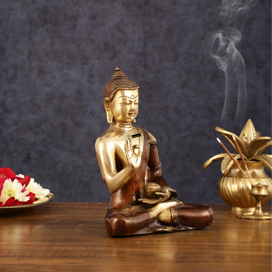 Brassaura™ Pure Brass Blessing Buddha Idol in Dual Tone – Height 7.5 Inches, Weight 1.8 Kgs