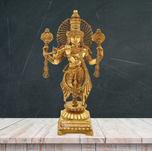 Brassaura® Chola Style Lord Krishna Brass Idol | Handcrafted Brass Krishna Playing Flute Statue for Home Temple, Pooja Room & Luxury Décor | Height 24 Inches | Weight 14 Kg