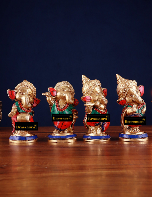 Brassaura™ Set of 4 Baby Brass Ganesha Idols – 5 Inch Height Each | 4 kg Total | Handcrafted with Stonework & Golden Accents