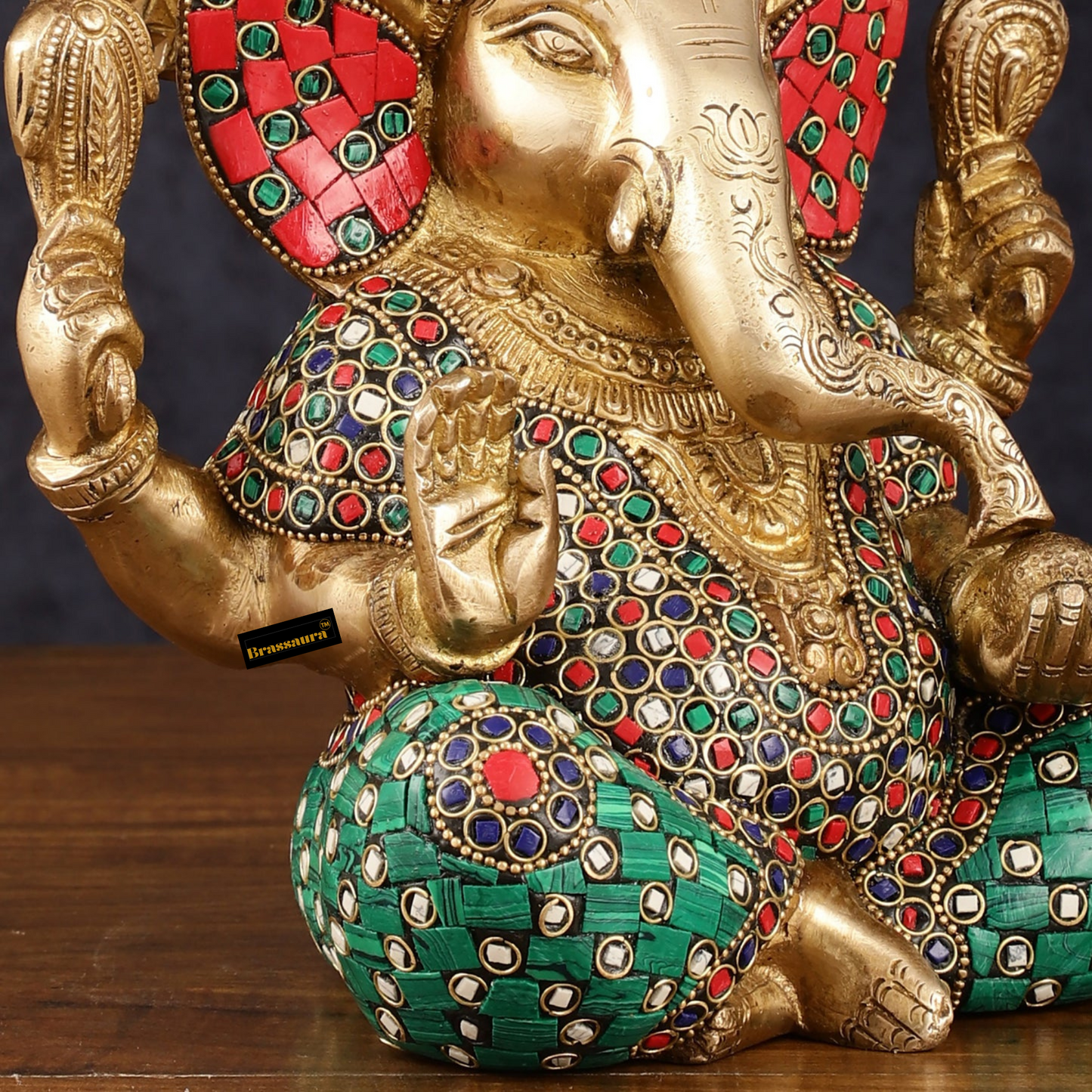 Brassaura™ Pure Brass Meenakari Ganesha Idol – 8 Inch Height | 4.7 kg | Handcrafted with Natural Color Stones | Spiritual Home & Office Décor