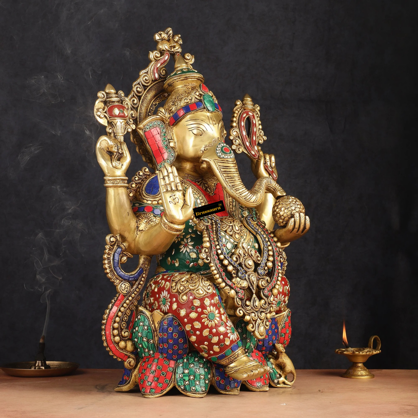 Brassaura™ Handcrafted Brass Ganesha Idol on Lotus with Mooshak | Height 21 inches | Weight 22 Kgs | Meenakari Stonework | Spiritual Decor