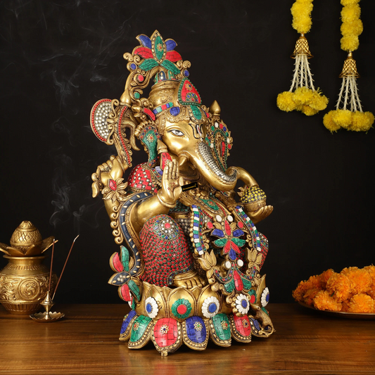 Brassaura® Brass Superfine Lord Ganesha Idol with Lotus – 24 Inch Height | Stonework & Hand-Painted Eyes | Divine Home Décor