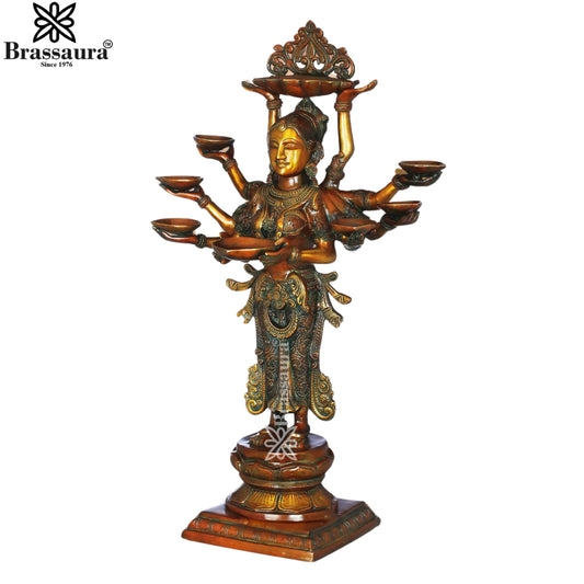 Brassaura™ Brass Standing Deep Laxmi With 8 Diya’s Statue– Height 27 Inches & Weight 15.5 Kgs | Home & Puja Décor