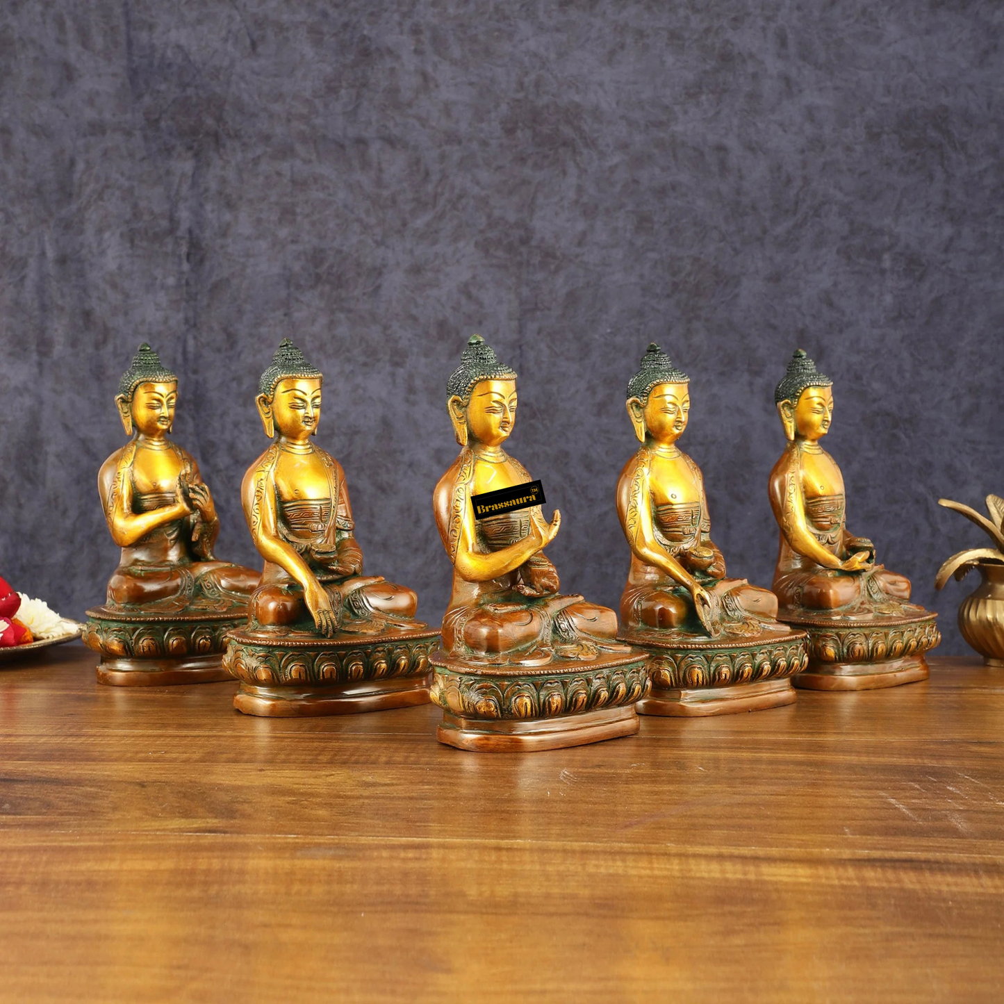 Brassaura™ Brass Set of 5 Dhyani Buddha Statues – Height 8 Inches Each, Total Weight 8.82 Kgs