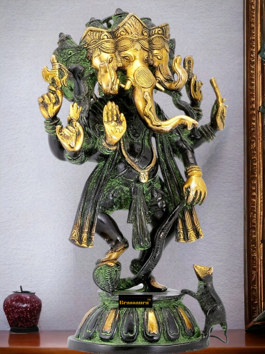 Brassaura® Brass Panchmukhi Dancing Ganesha – Antique Green & Gold Finish | Height 15 Inches