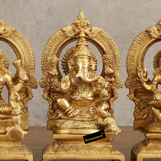 Brassaura® Pure Brass Ganesha, Lakshmi & Saraswati Idol Set | Lord Ganesha 7 inches Height Spiritual Decor