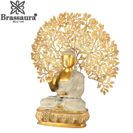 Brassaura™ Brass Buddha With Tree – Height 25 Inches & Weight 18.5 Kgs | Exquisite Handcrafted Artwork for Spiritual Spaces