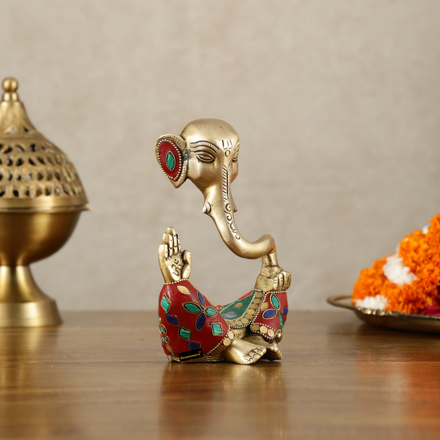 Brassaura™ Contemporary Brass Modern Ganesha Idol – 6 Inch Height | 1 kg | Meenakari Stonework | Unique Modern Décor