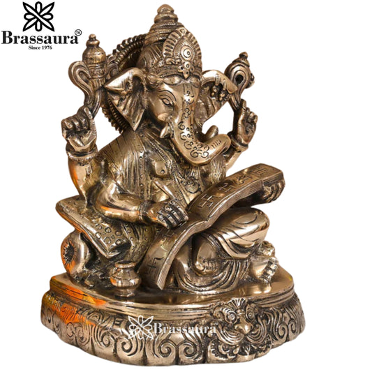 Brassaura® Artistic Veena Ganesha Brass Idol | Musical Divine Form | Height 7.5 Inches