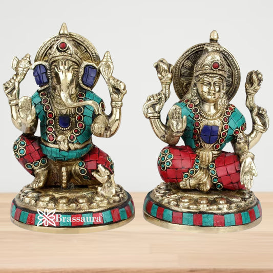 Brassaura® Gemstone Work Lakshmi Ganesha Brass Idol Set | Handcrafted Brass Murti Pair | Height 6.5 Inches