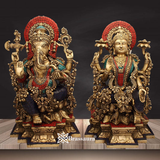 Brassaura® Premium Gemstone Work Lakshmi Ganesha Brass Idol Set | Royal Handmade Divine Murti Pair | Height 19 Inches