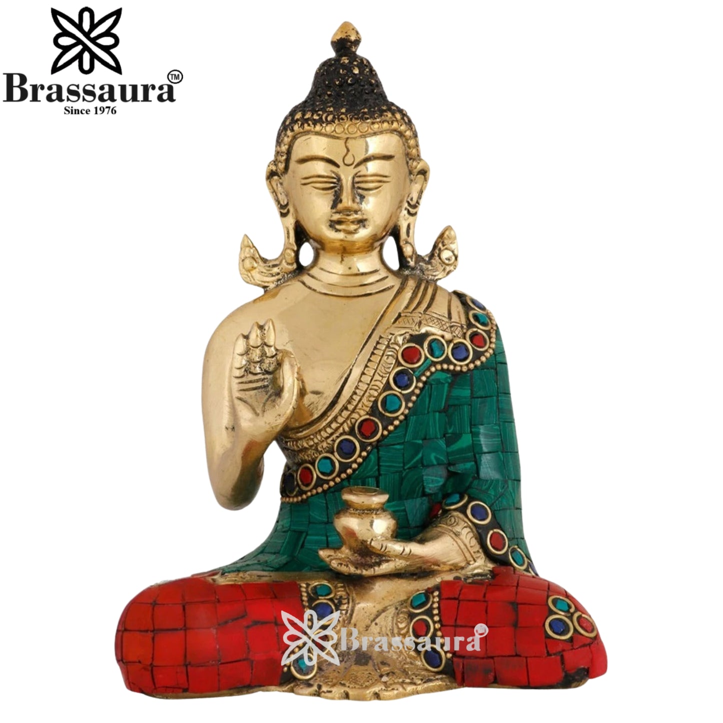 Brass Blessing Gem Stone Work Buddha Weight 1.3 kg & Height 6 Inch