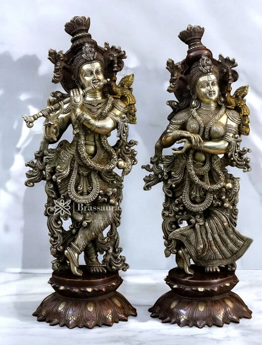 Brassaura™ Pure Brass Radha Krishna Idol Pair on Lotus Base – Height 27 Inches & Weight 39 Kgs | Dual Tone Brown & Gold Finish