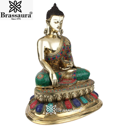 Brassaura® Buddha Bhumisparsha Mudra Sitting Idol with Gem Stone Work Finish | Pure Superfine Brass Handcrafted Murti | Brass Statue for Home Temple, Pooja Room | Height 20 Inches | Weight 18 Kgs